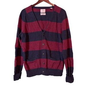 Scotch & Soda Men's XL Burgundy Navy Striped Cardigan Leather Elbow Patches